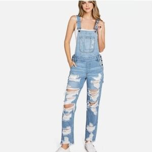 Cello Light Blue Distressed Denim Small Overalls